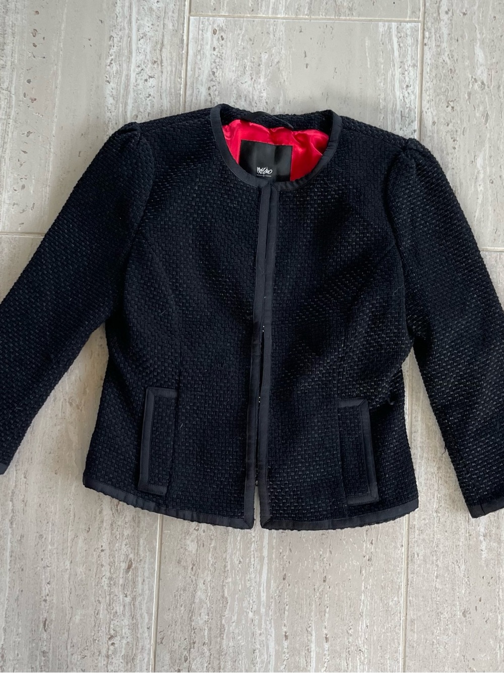 Mossimo Supply Co. Black Textured Open-Front Jacket with Red Lining Wool blend
